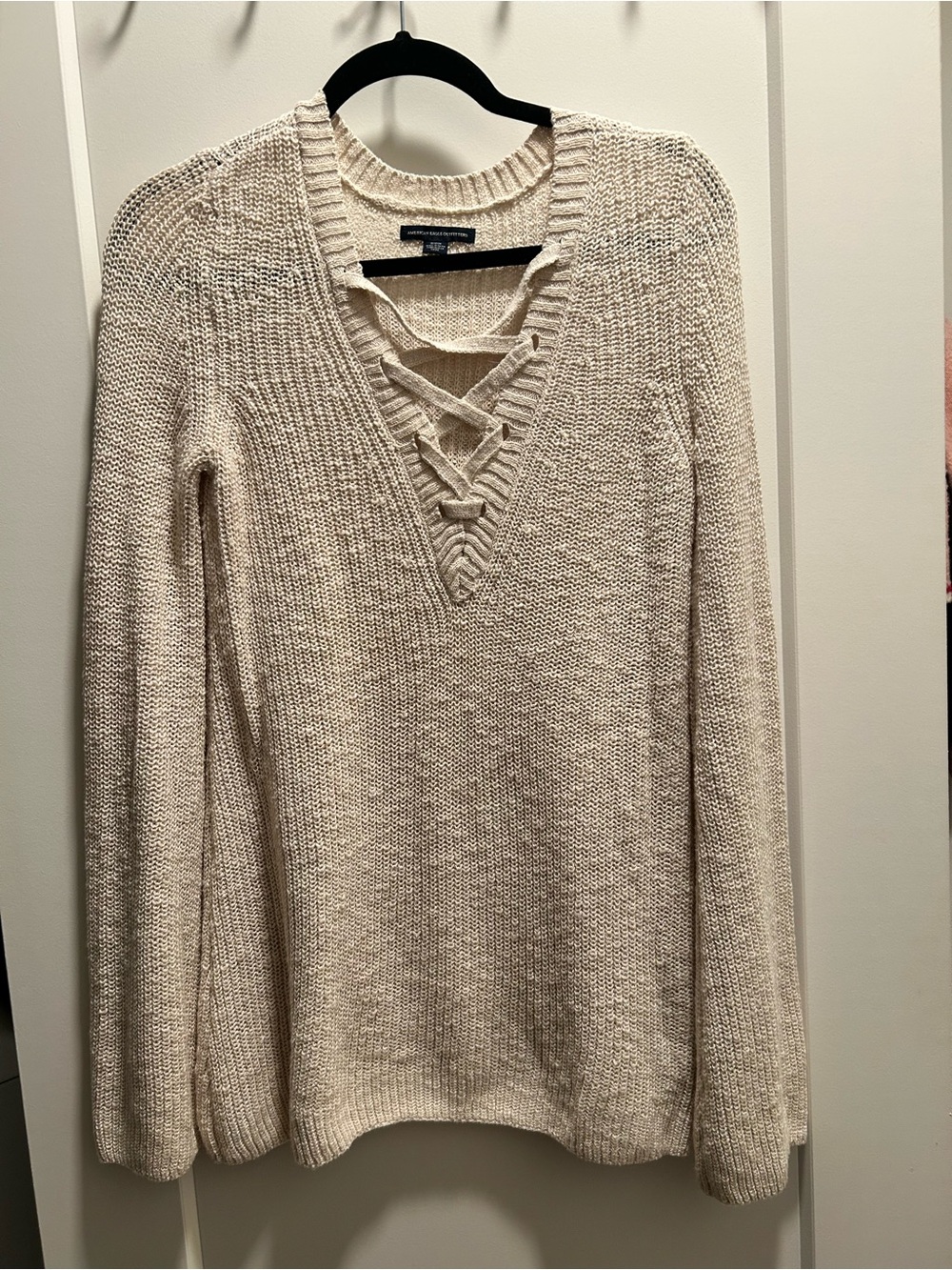 American Eagle Outfitters Cream Lace-Up V-Neck Knit Sweater